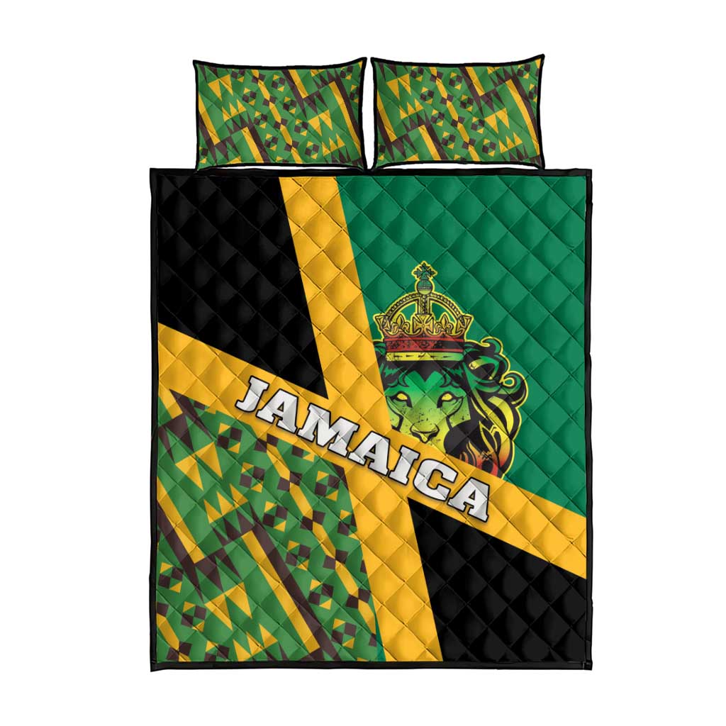 Rastafarian quilt bed set with kente pattern, lion crest, and Jamaica lettering on quilt