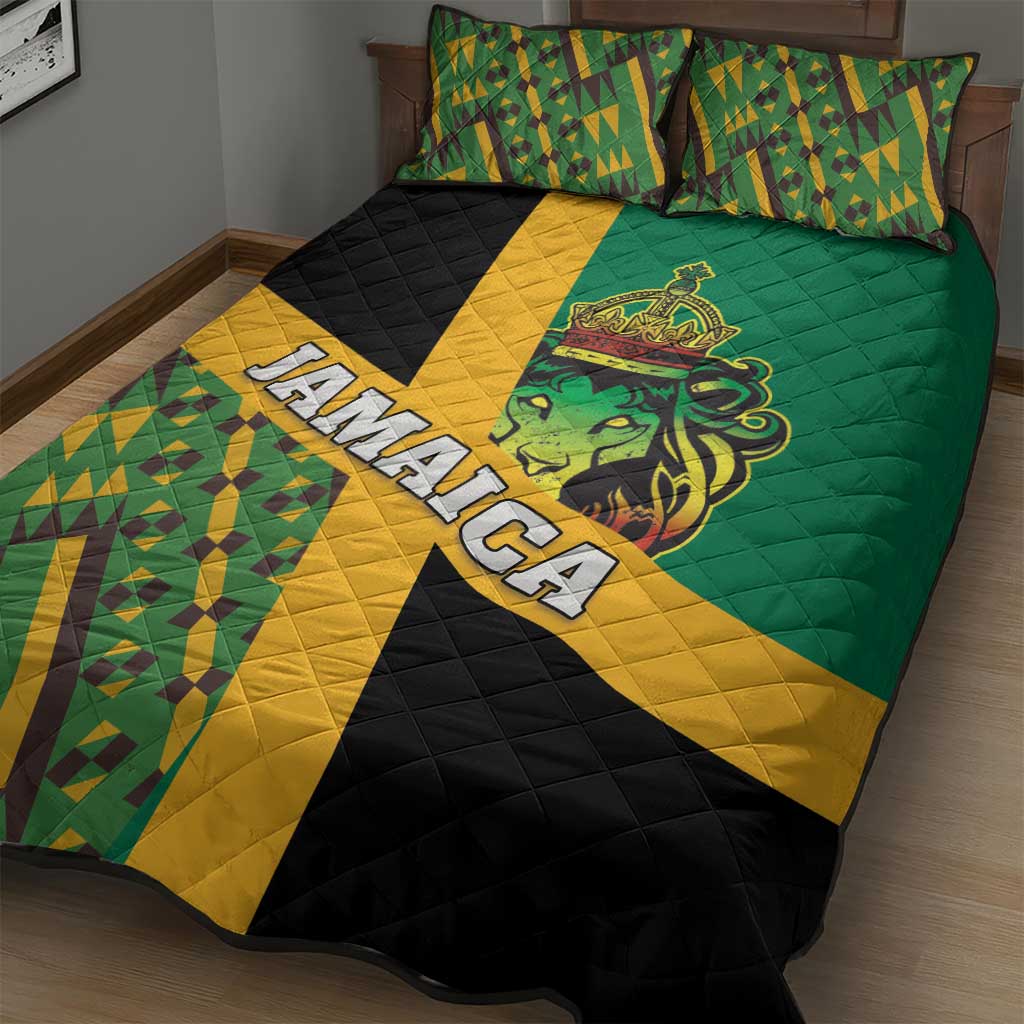 Rastafarian quilt bed set with green quilt, black stripe, yellow diagonal, and Jamaica text