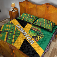 Rastafarian quilt bed set with green, yellow, and black kente quilt, lion crest, and Jamaica text