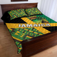 Rastafarian quilt bed set with Jamaica text, lion crest, and green-yellow-black kente patterns