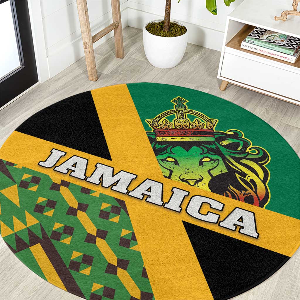 Round green carpet with Jamaica text, lion crest, and yellow/black kente stripes
