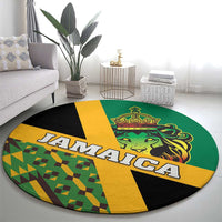 Round green carpet with Jamaica text and central crown lion crest on a kente-style circle