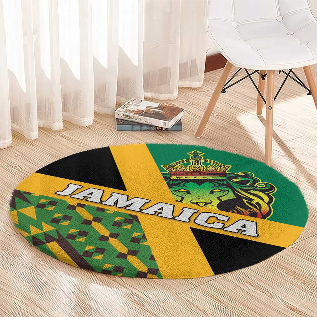 Round green carpet with Jamaica text and lion crest in yellow, black, and green panels