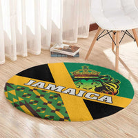 Round green carpet with Jamaica text and lion crest in yellow, black, and green panels