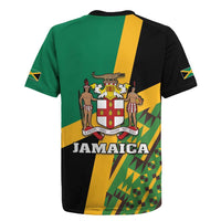 Green, black & yellow rugby jersey with Jamaica crest, shield, and kente pattern back