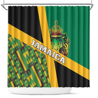 Green, yellow and black Jamaica-themed shower curtain with lion crest and Kente pattern