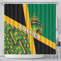 Jamaica lion shower curtain, green and yellow striped design with Kente geometric panel