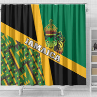 Jamaica lion shower curtain with lion crest, “JAMAICA” lettering, and green Kente shapes