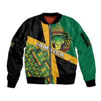 Jamaica bomber jacket with front zip, lion graphic, and Kente-style geometric panels