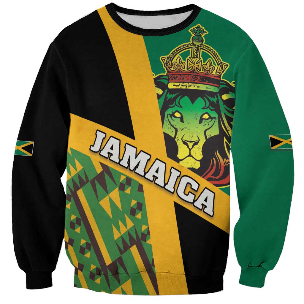 Green and black unisex sweatshirt with Jamaica lion crown graphic and Kente-style panel