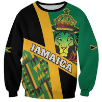 Green and black unisex sweatshirt with Jamaica lion crown graphic and Kente-style panel