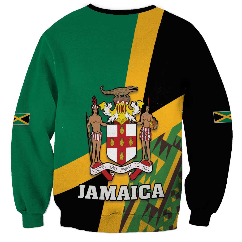 Green and black unisex sweatshirt with crest graphic, Jamaica text, and Kente pattern