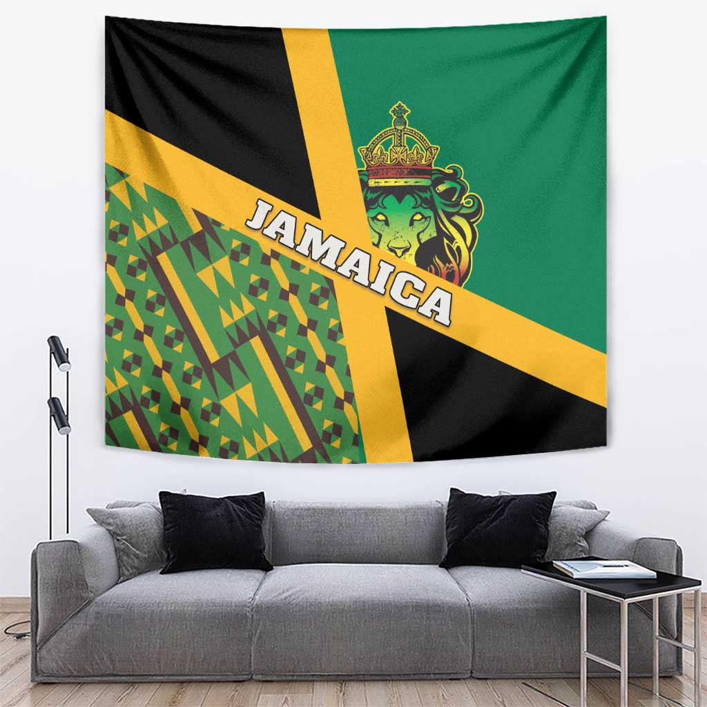 Jamaica Lion Rastafarian Tapestry With Kente Pattern