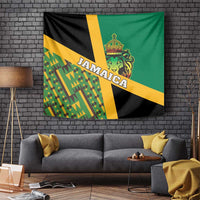 Jamaica lion wall tapestry with kente geometric pattern, Jamaica text, green/black/yellow