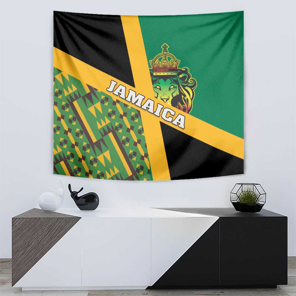 Jamaica lion tapestry on wall, green/black/yellow with kente geometric section and Jamaica text