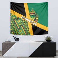 Jamaica lion tapestry on wall, green/black/yellow with kente geometric section and Jamaica text