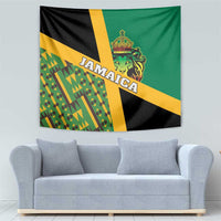 Jamaica lion tapestry, green/black/yellow kente pattern with Jamaica title strip