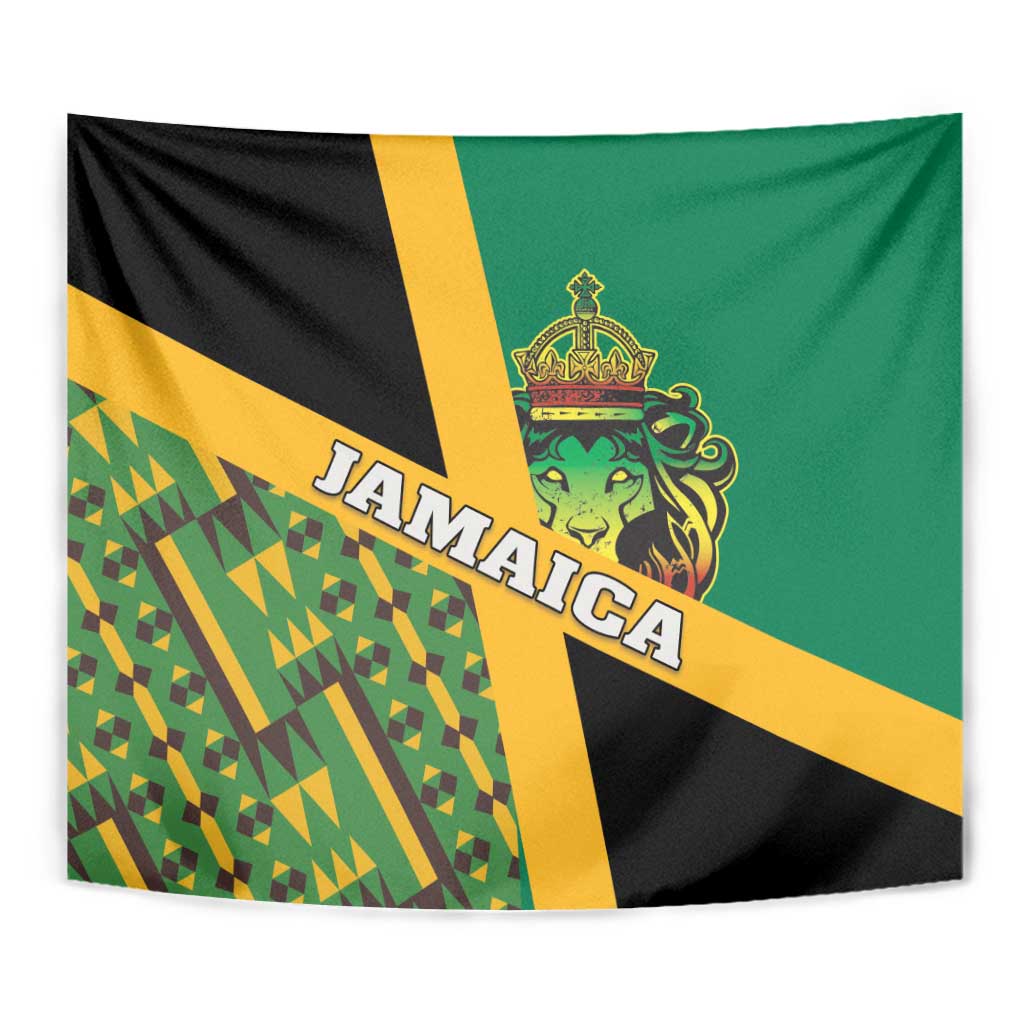 Jamaica lion tapestry close-up, green/black/yellow kente triangles and crest