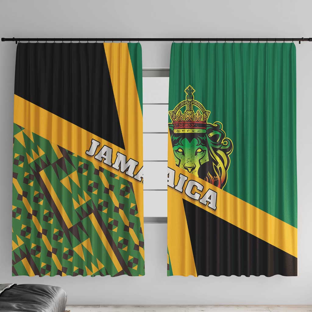 Jamaica-themed window curtain in green, black, and gold with lion crest and Kente pattern.