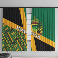 Jamaica-themed window curtain in green, black, and gold with lion crest and Kente pattern.