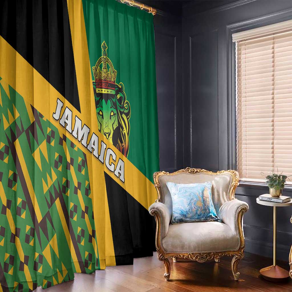 Green, black, and gold window curtain panel with lion crest and diagonal Jamaica stripe.