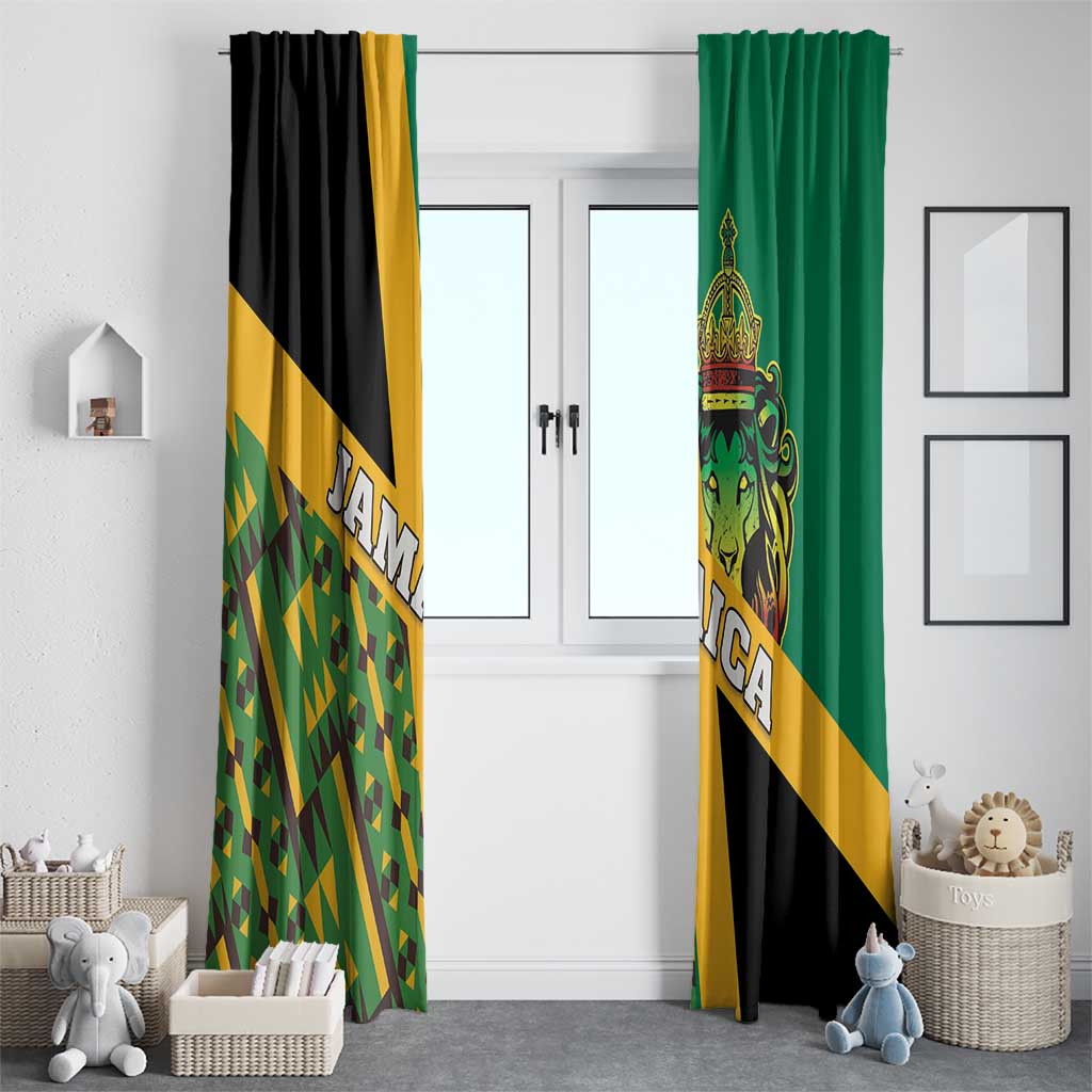 Green and black window curtain set with gold diagonal stripe and lion crest graphic.
