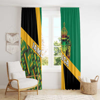 Jamaica window curtain with green, black, and gold panels plus lion face and Kente pattern.