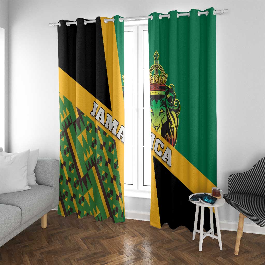 Green and black window curtain with gold diagonal stripe and lion crest design.