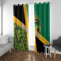Green and black window curtain with gold diagonal stripe and lion crest design.