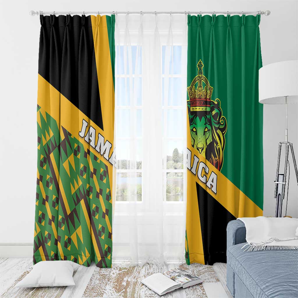 Curtains with sheer white center and green/black/gold Jamaica lion crest panels.