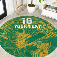 Round green cricket-themed carpet with yellow '13' and 'YOUR TEXT' print