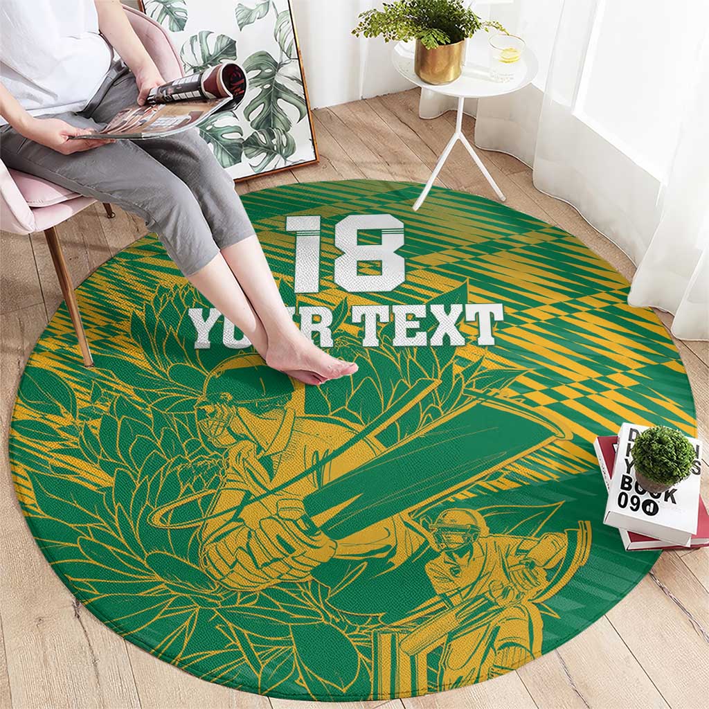 Round green cricket rug with centered yellow 'YOUR TEXT' and '13' graphic