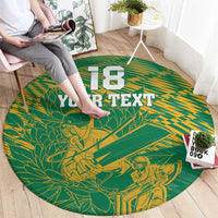 Round green cricket rug with centered yellow 'YOUR TEXT' and '13' graphic