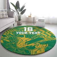 Round green cricket-themed rug with yellow '13' above 'YOUR TEXT' at center