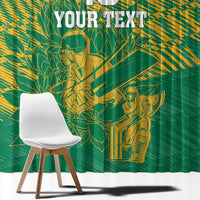 Green window curtain with gold cricket player and Proteas floral graphic, full-width view.