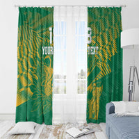 Green window curtains with gold cricket player and floral graphics, centered on window.