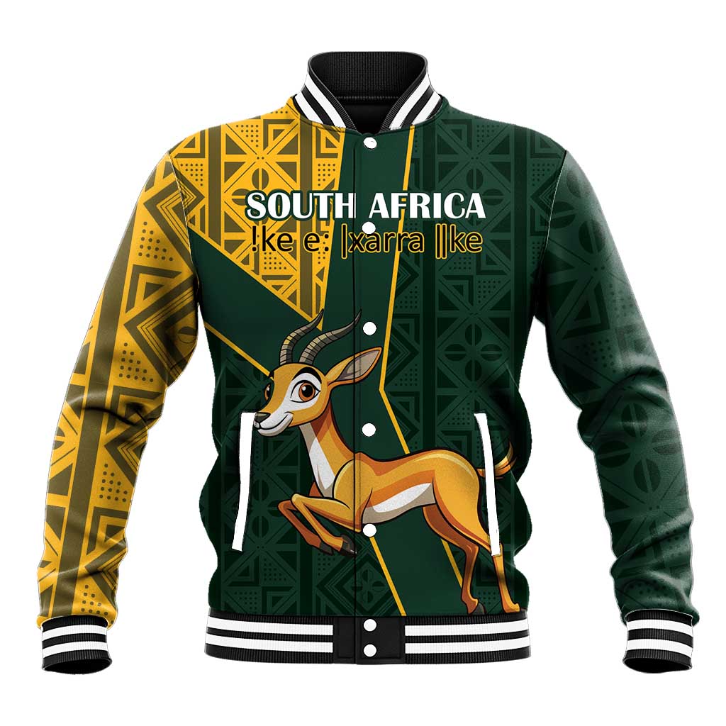 Varsity baseball jacket with green and gold kente patterns, snap buttons, springbok front