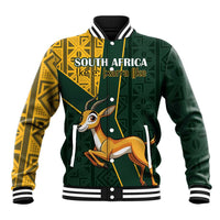 Varsity baseball jacket with green and gold kente patterns, snap buttons, springbok front