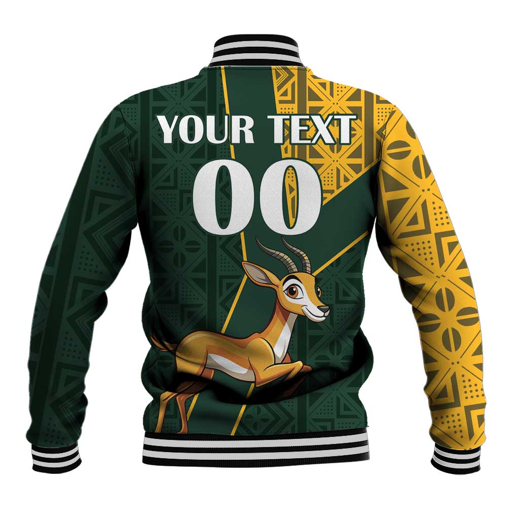 Varsity baseball jacket, green/gold back with 'YOUR TEXT' and 00, springbok graphic
