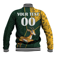 Varsity baseball jacket, green/gold back with 'YOUR TEXT' and 00, springbok graphic