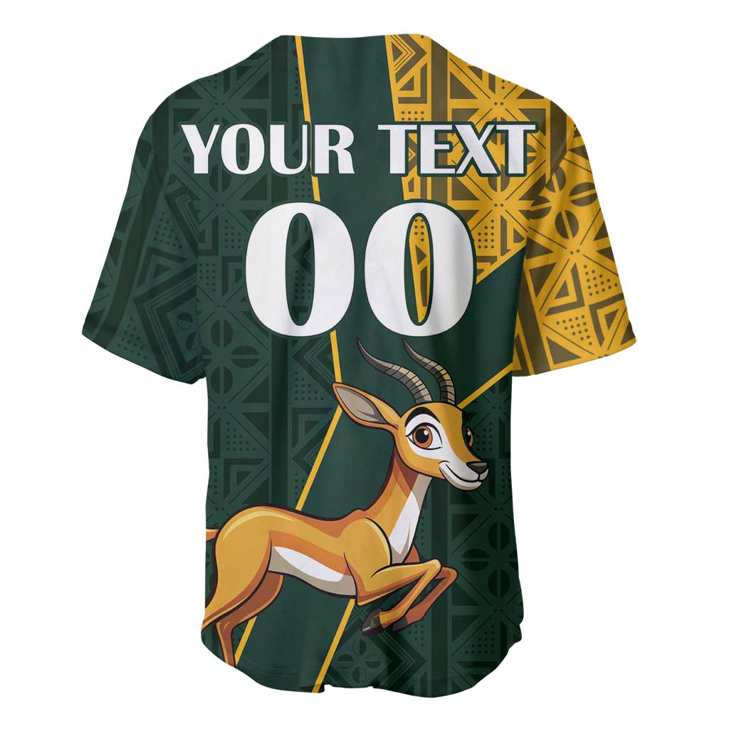 Green baseball jersey back with yellow kente panels and 'YOUR TEXT' '00' numerals.