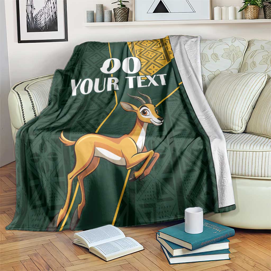 Green South Africa springbok blanket with yellow patterned border and custom text