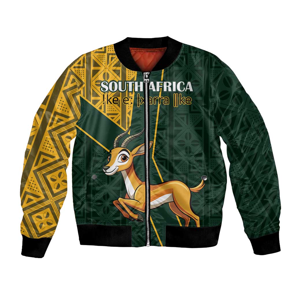Unisex green bomber jacket, yellow Kente sleeves, springbok graphic, 'SOUTH AFRICA' front