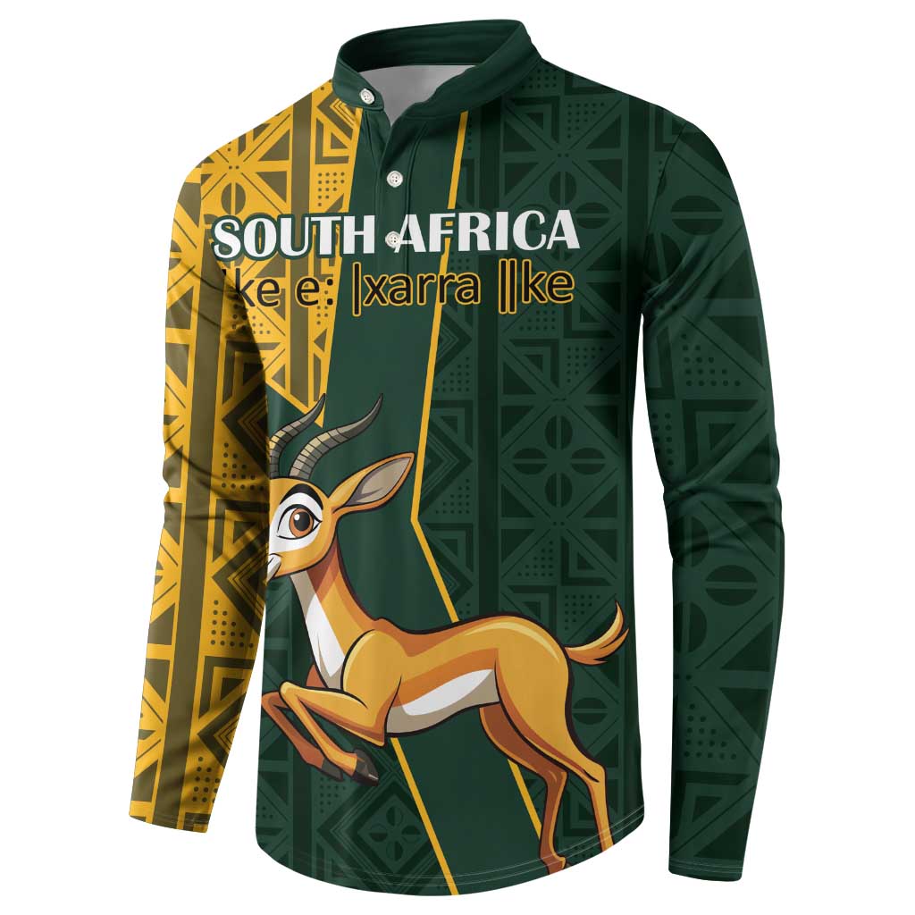 Dark green button sweatshirt with yellow panels, 'SOUTH AFRICA' text, and springbok graphic