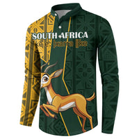 Dark green button sweatshirt with yellow panels, 'SOUTH AFRICA' text, and springbok graphic