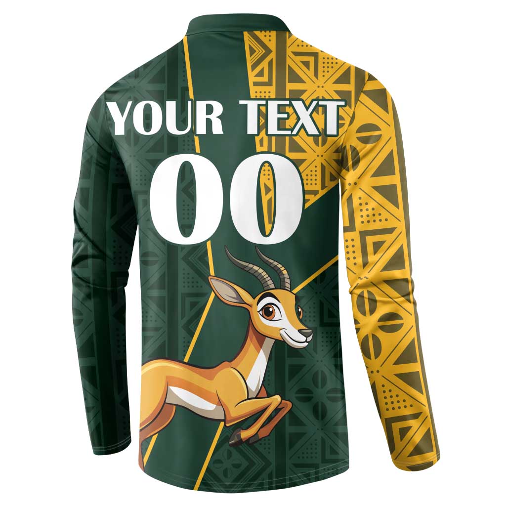 Green button sweatshirt back with 'YOUR TEXT', large '00', and springbok graphic