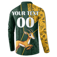 Green button sweatshirt back with 'YOUR TEXT', large '00', and springbok graphic