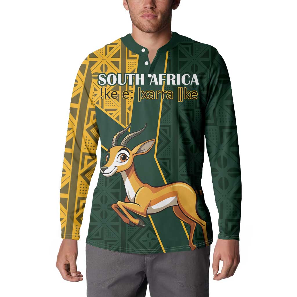 Green button sweatshirt on model with 'SOUTH AFRICA' text and springbok front graphic