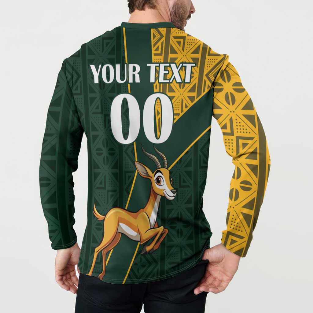 Green button sweatshirt back with 'YOUR TEXT' and large '00' over springbok graphic