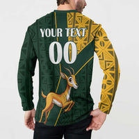 Green button sweatshirt back with 'YOUR TEXT' and large '00' over springbok graphic